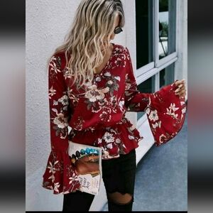 Boho floral print flounce sleeves peplum blouse